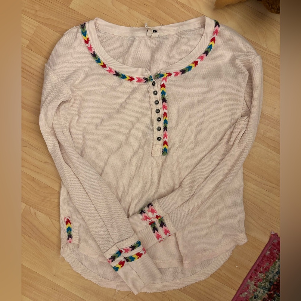We The Free Light Pink Waffle Henley with Multicolor Trim